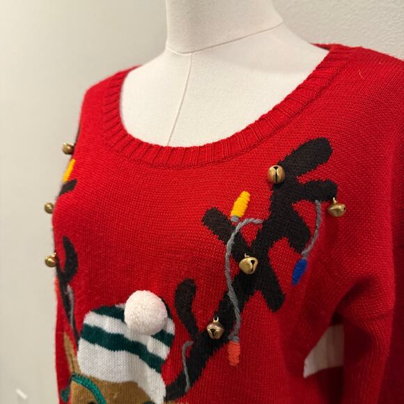 Reindeer Ugly Christmas Sweater Holiday Sequin Jingle Bells Large Holiday Party - Picture 3 of 8